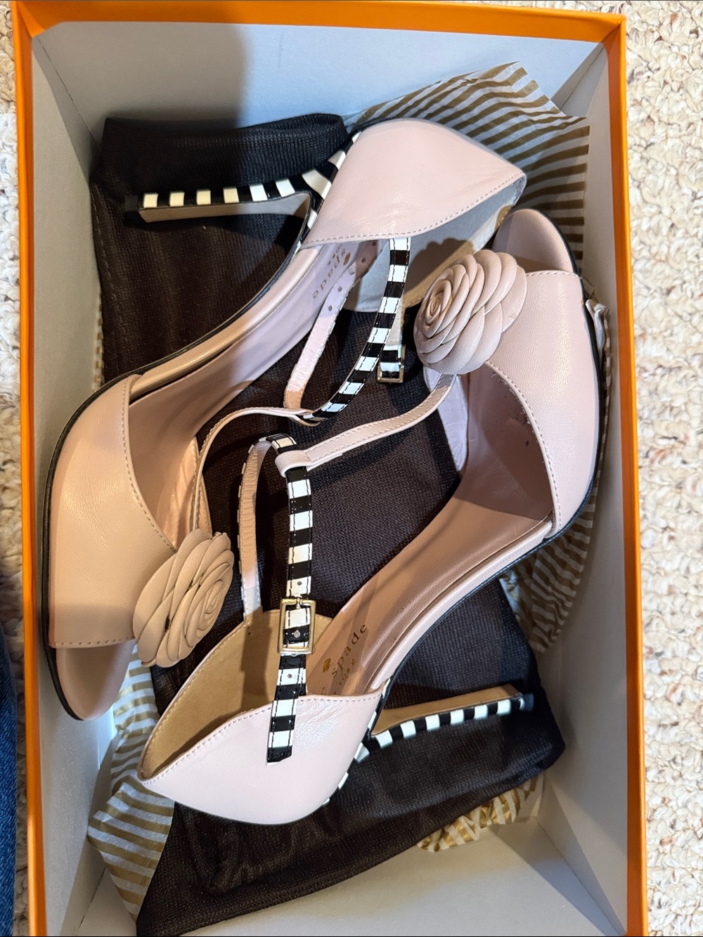 kate spade Pale Pink Floral T-Strap Heels with Black-and-White Stripe Detail
